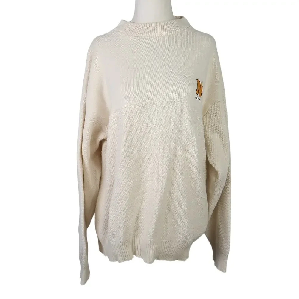 Vintage 80s Carnet Knitwear cream textured cotton knit Navy sweater Mens M